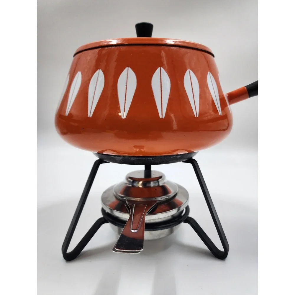 Cathrineholm Lotus Fondue Set Orange White Enamel Mid Century Modern Norway MCM